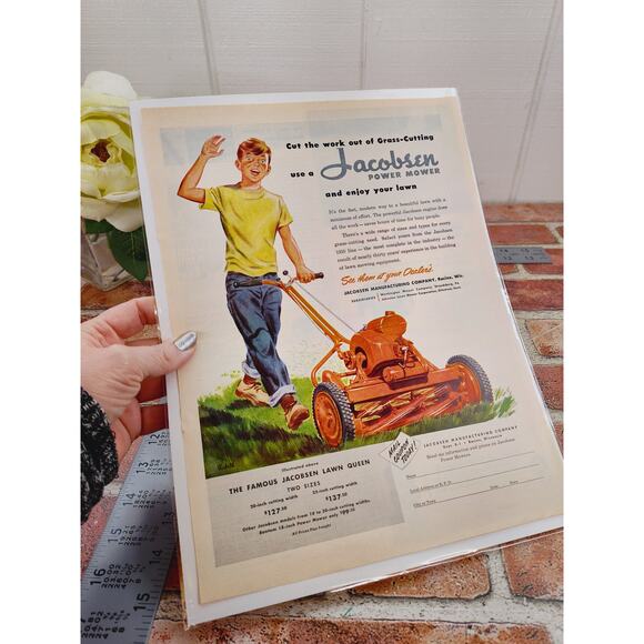 1950 Jacobsen Power Mower Smiling Waving Boy Enjoying Mowing Lawn Vtg Print Ad - Picture 3 of 6